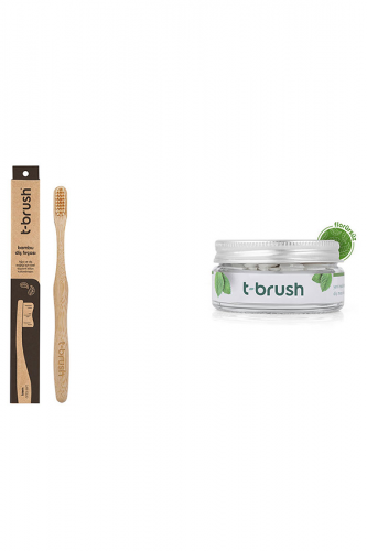 2'li Set - Yetişkin Bambu Diş Fırçası Krem ve Nane Aromalı Florürsüz Diş Macunu Tableti